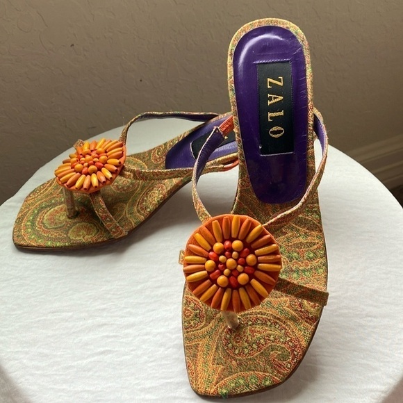 Zalo Shoes - Zalo: Yellow/Orange heeled, paisley sandals- sunburst on top of sandals- 6